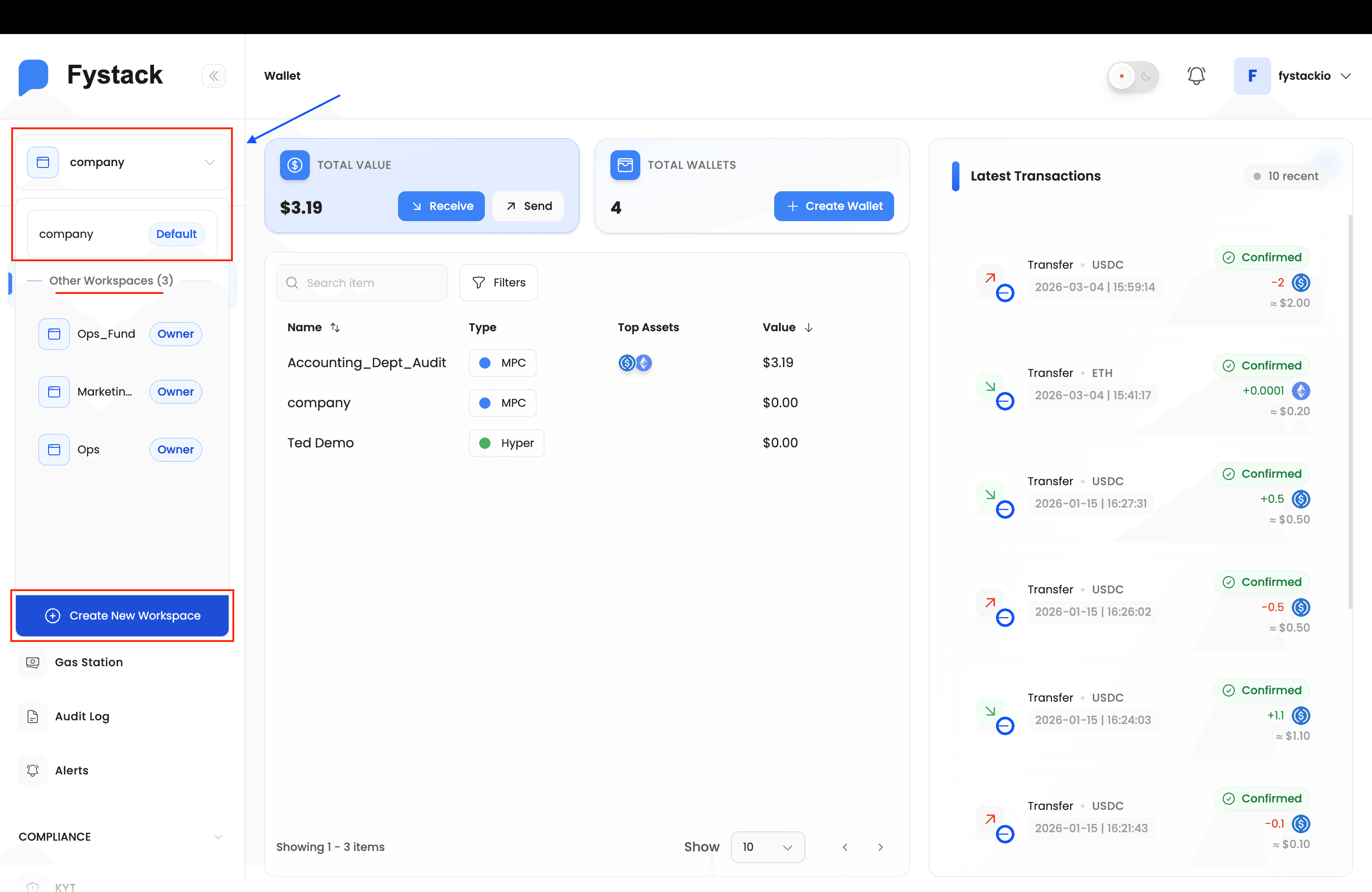 Sidebar showing the active workspace, other workspaces, and the Create New Workspace button