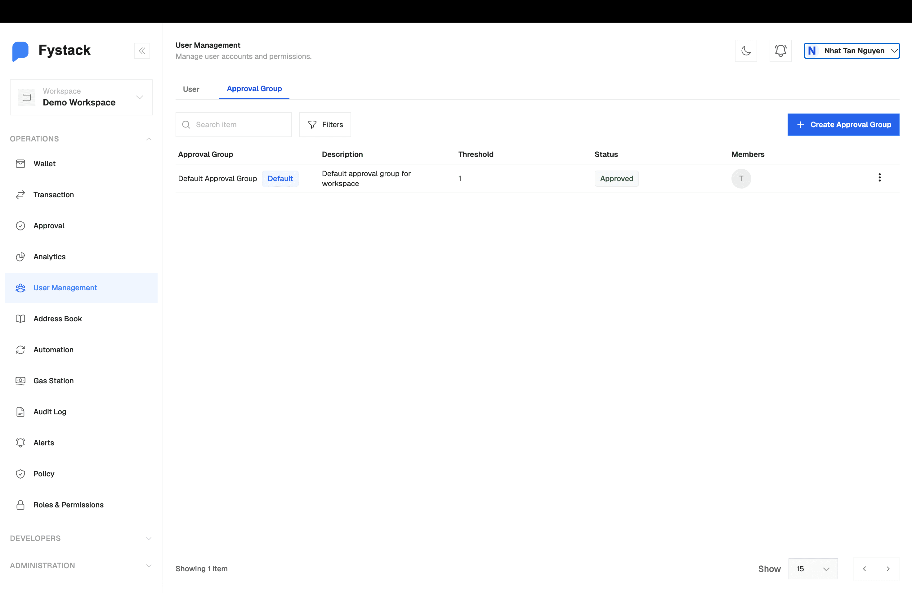 Approval Group tab under User Management showing the Default Approval Group with its threshold, status, and members