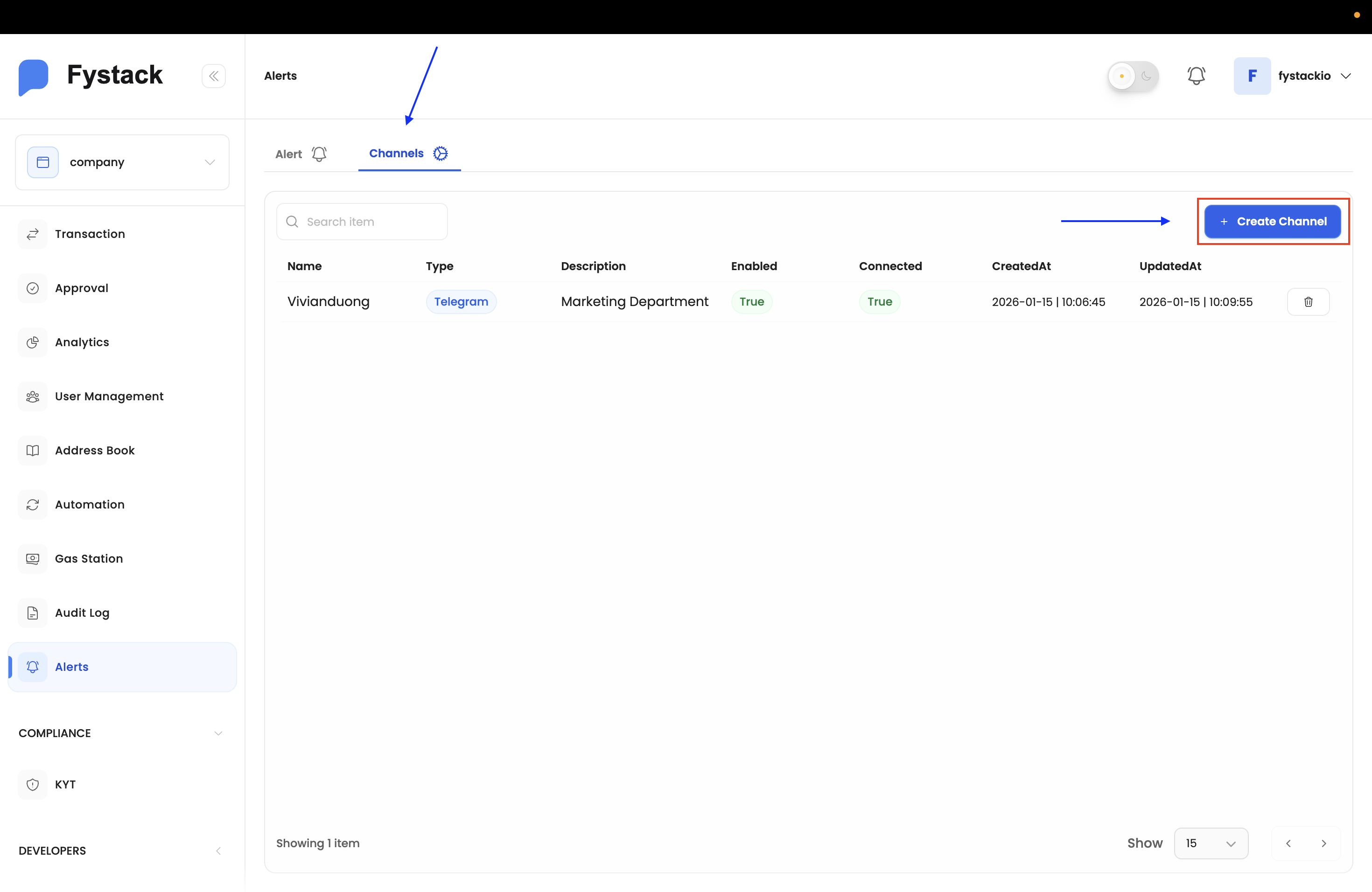Alerts Channels tab showing existing channels and the Create Channel button