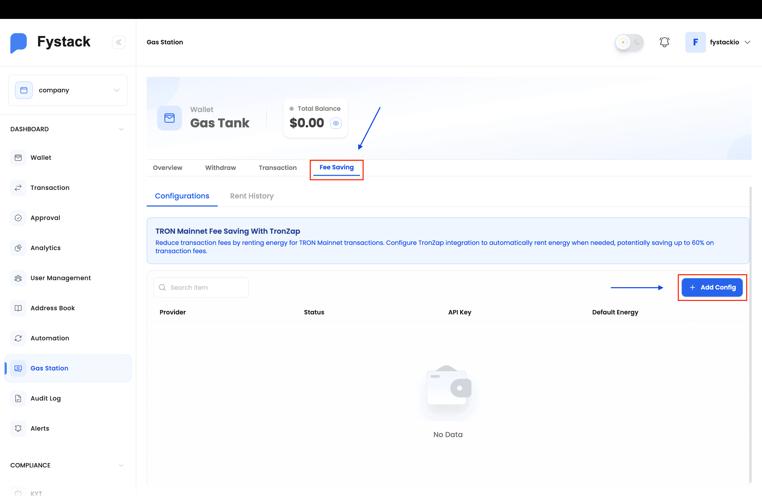 Fee Saving tab inside Gas Station with the Add Config button