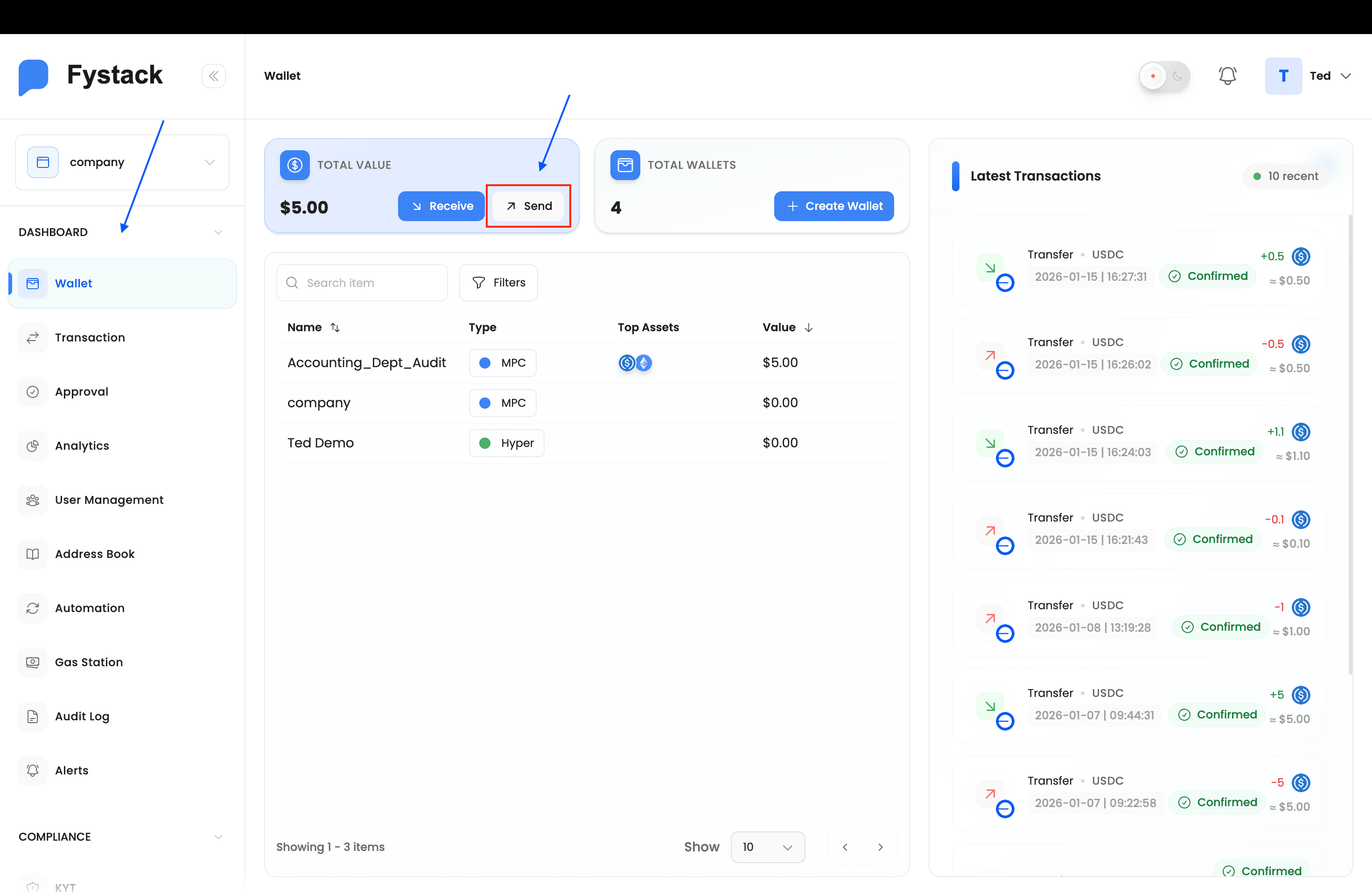 Wallet overview showing the Send button highlighted