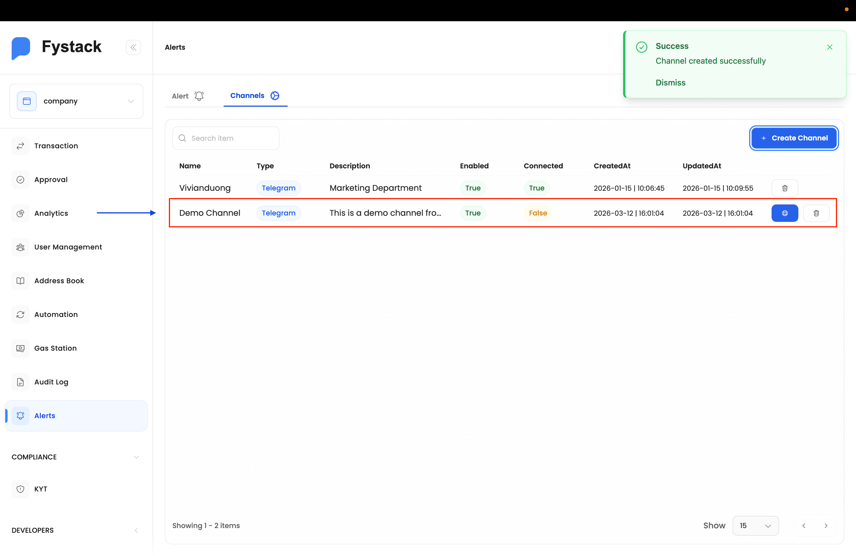 Channels list showing the newly created Demo Channel with Connected set to False