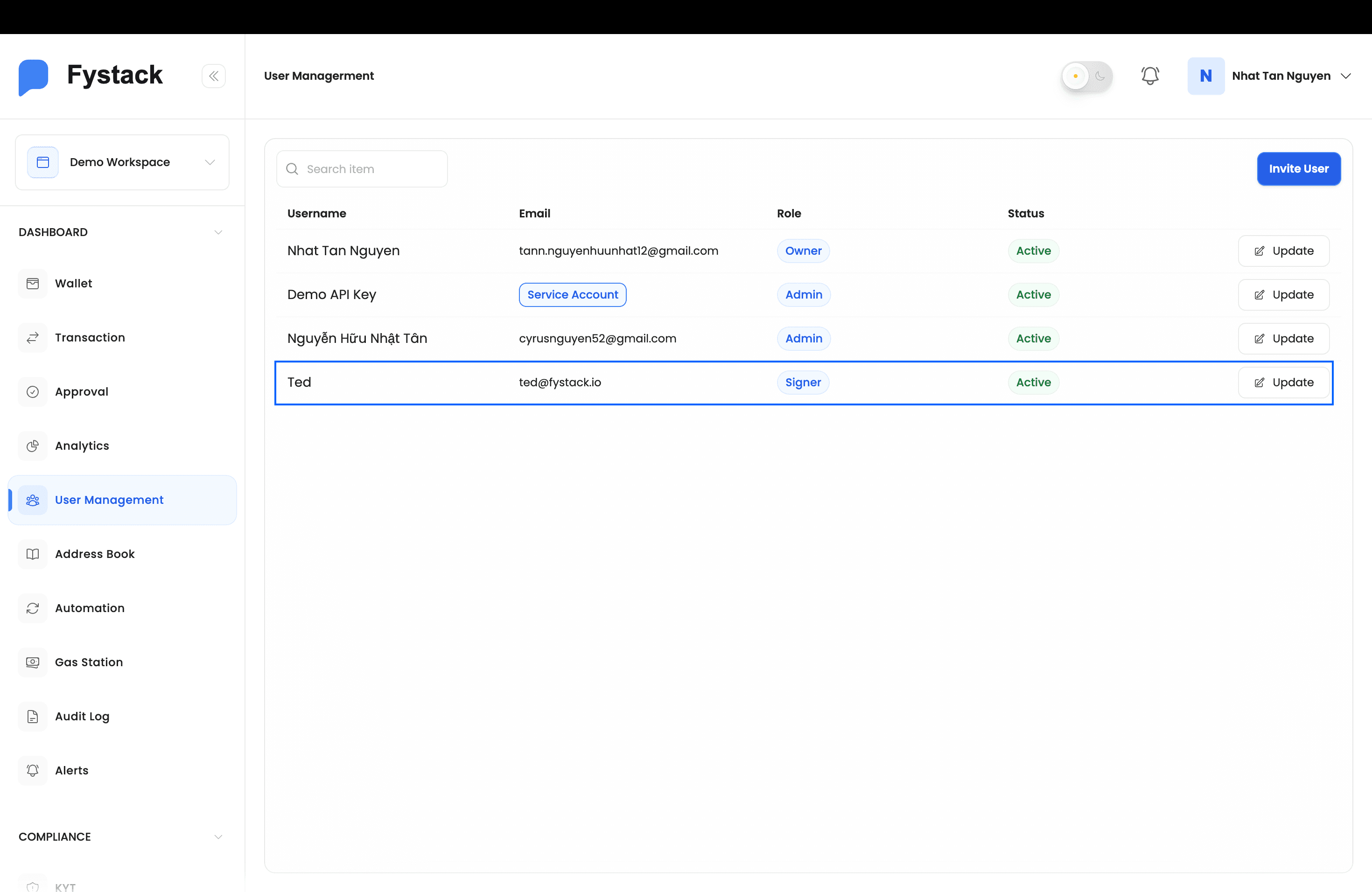 New user listed as Active with Signer role after accepting the invitation