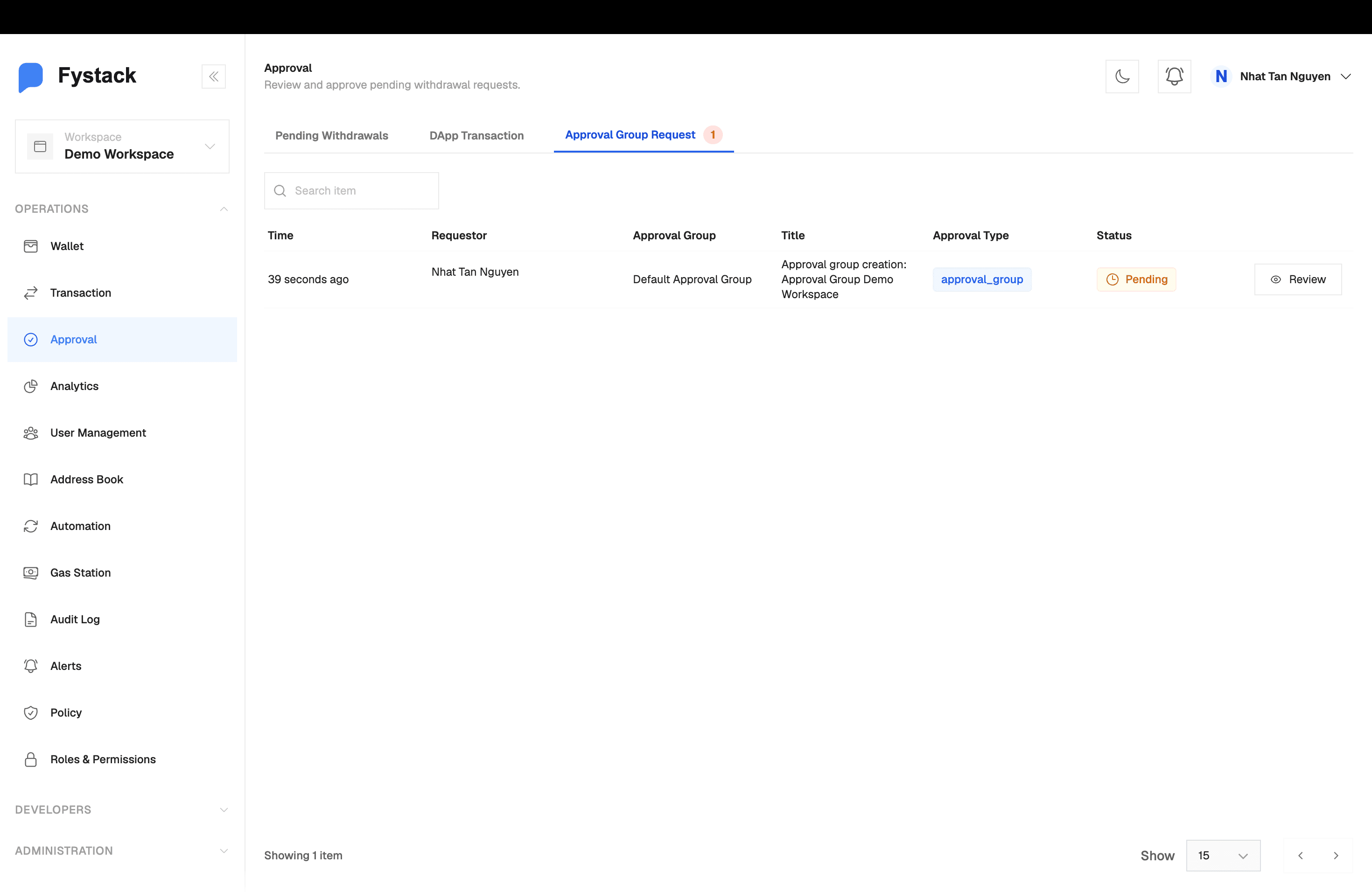 Approval page with the Approval Group Request tab listing one pending approval_group request