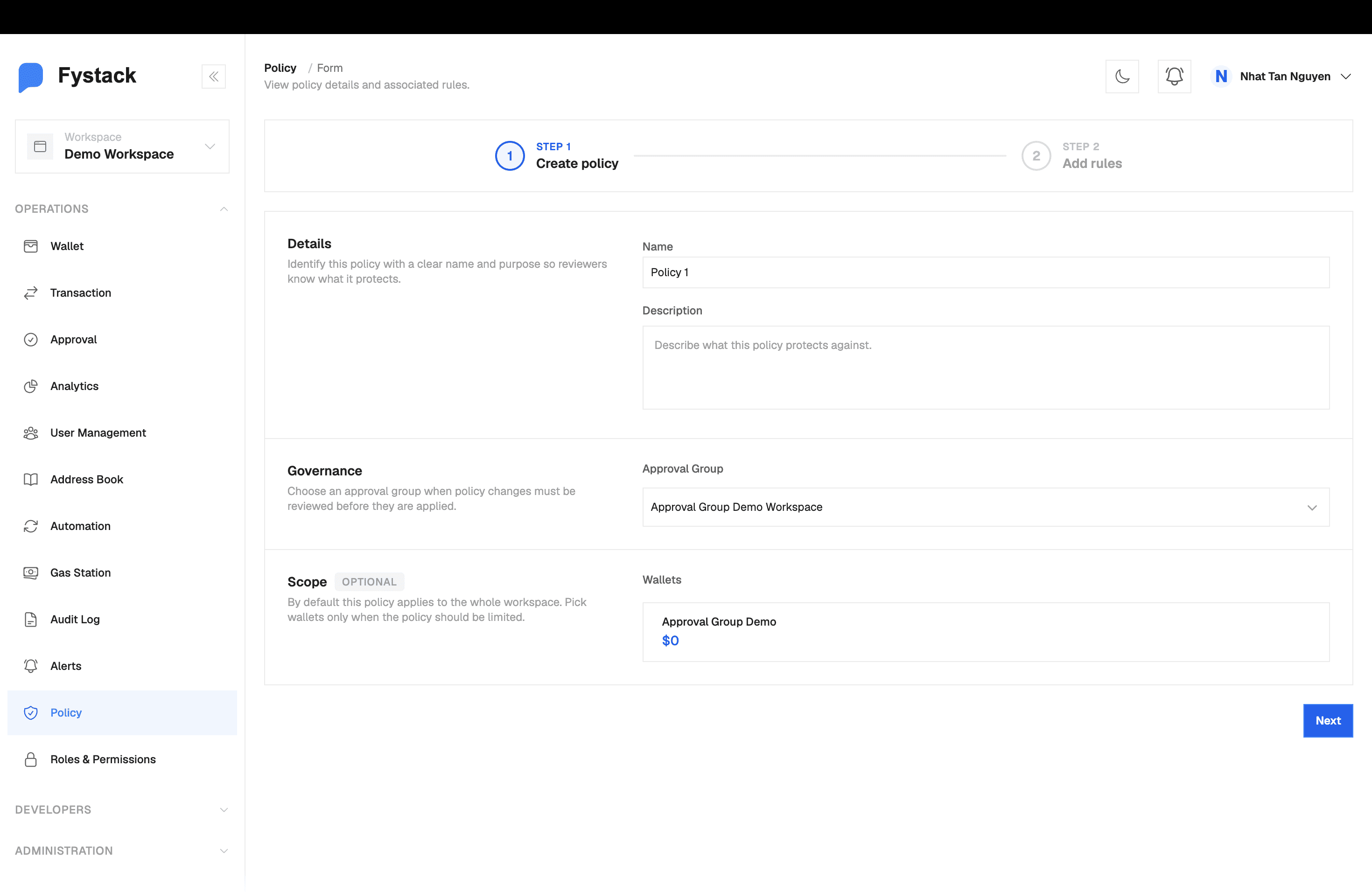 Policy wizard showing the Governance section with the Approval Group dropdown