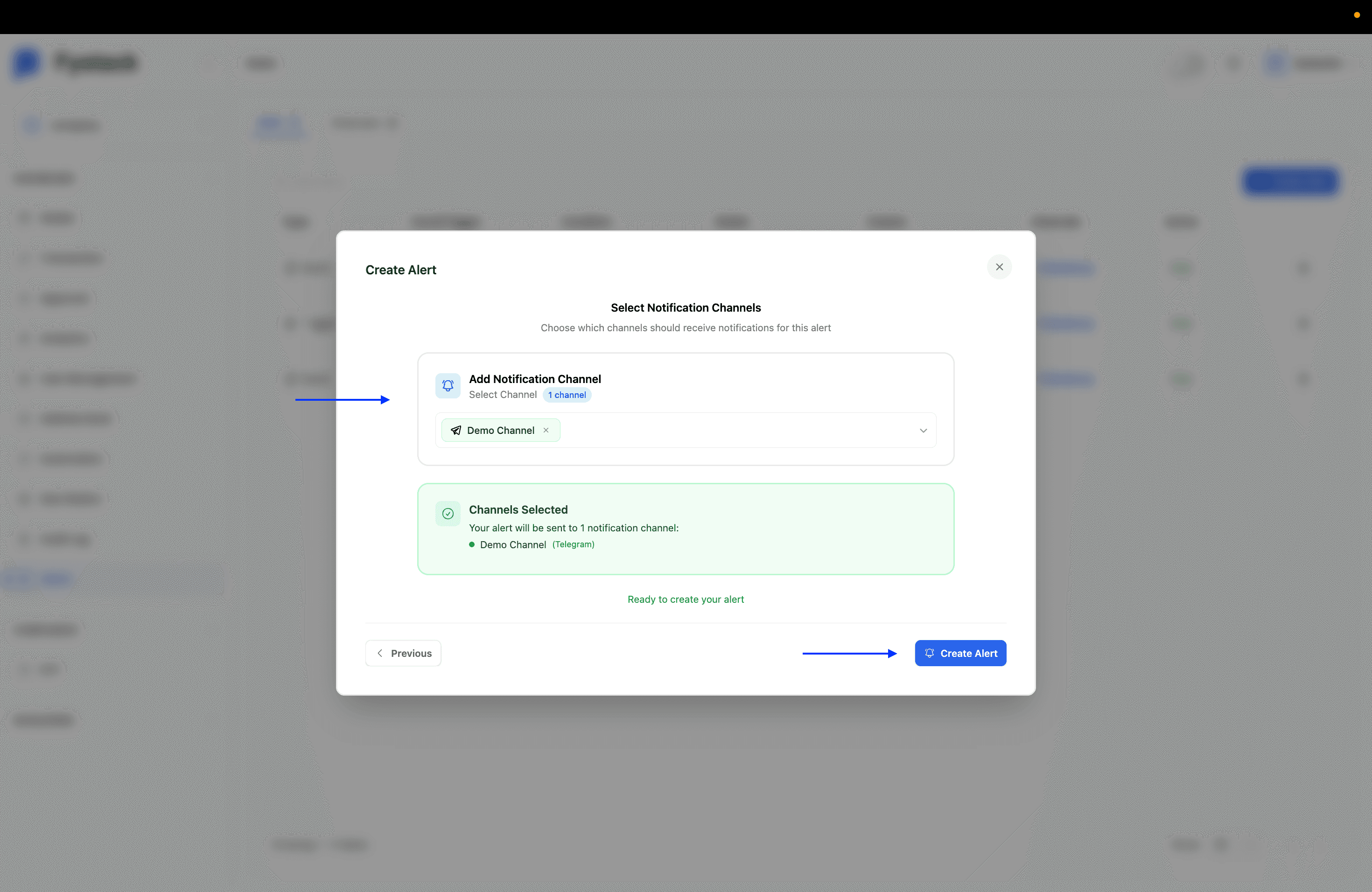 Create Alert step showing the notification channel selector with Demo Channel selected