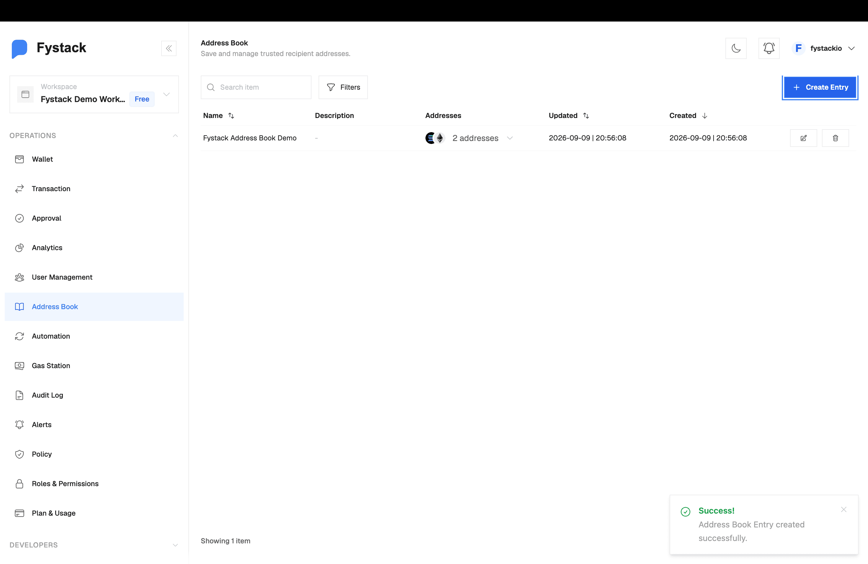 Address Book list showing a single entry holding 2 addresses with Solana and Ethereum icons