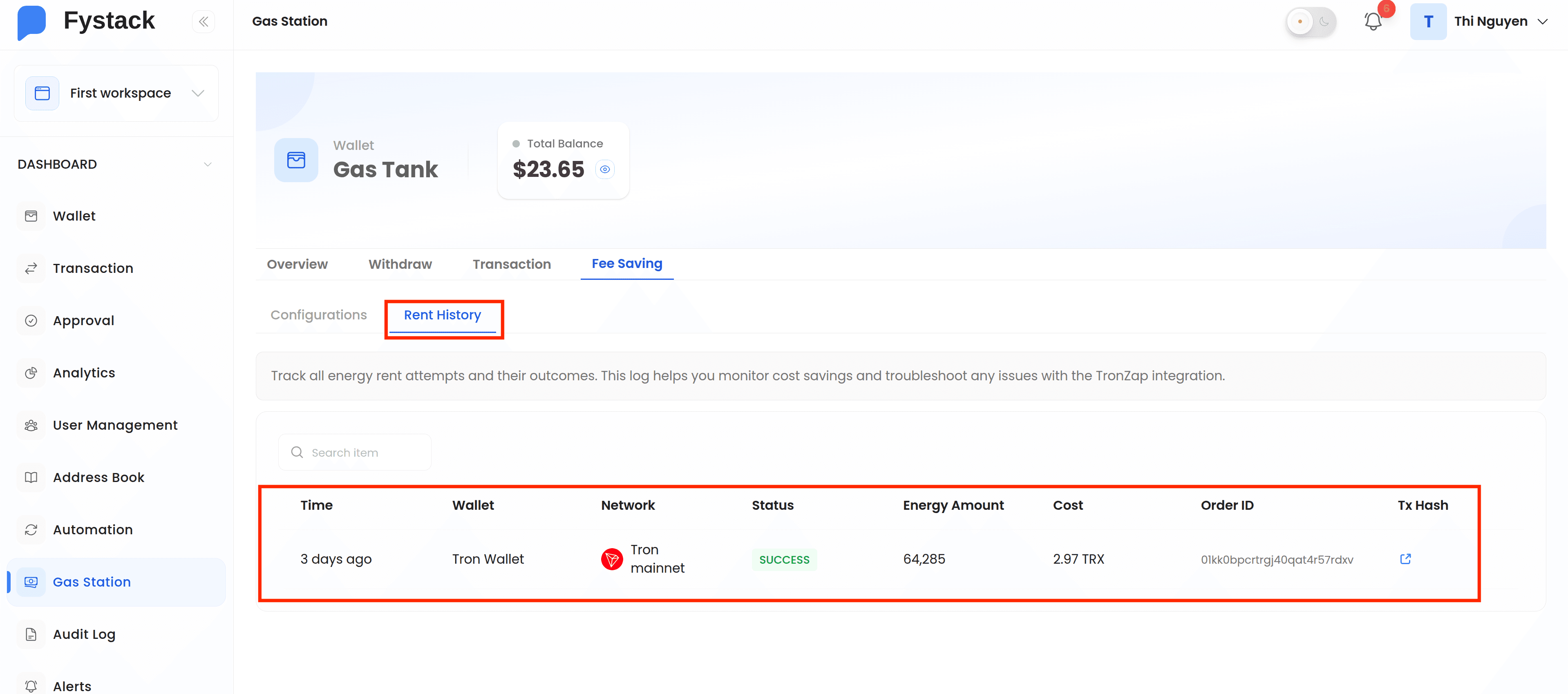 Rent History table showing successful TronZap energy rental for a Tron Mainnet transaction