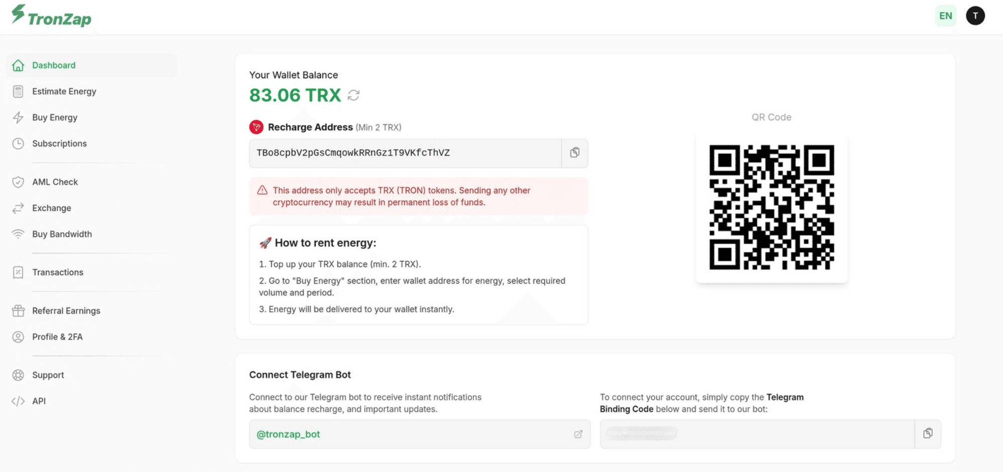 TronZap dashboard showing wallet balance and recharge address