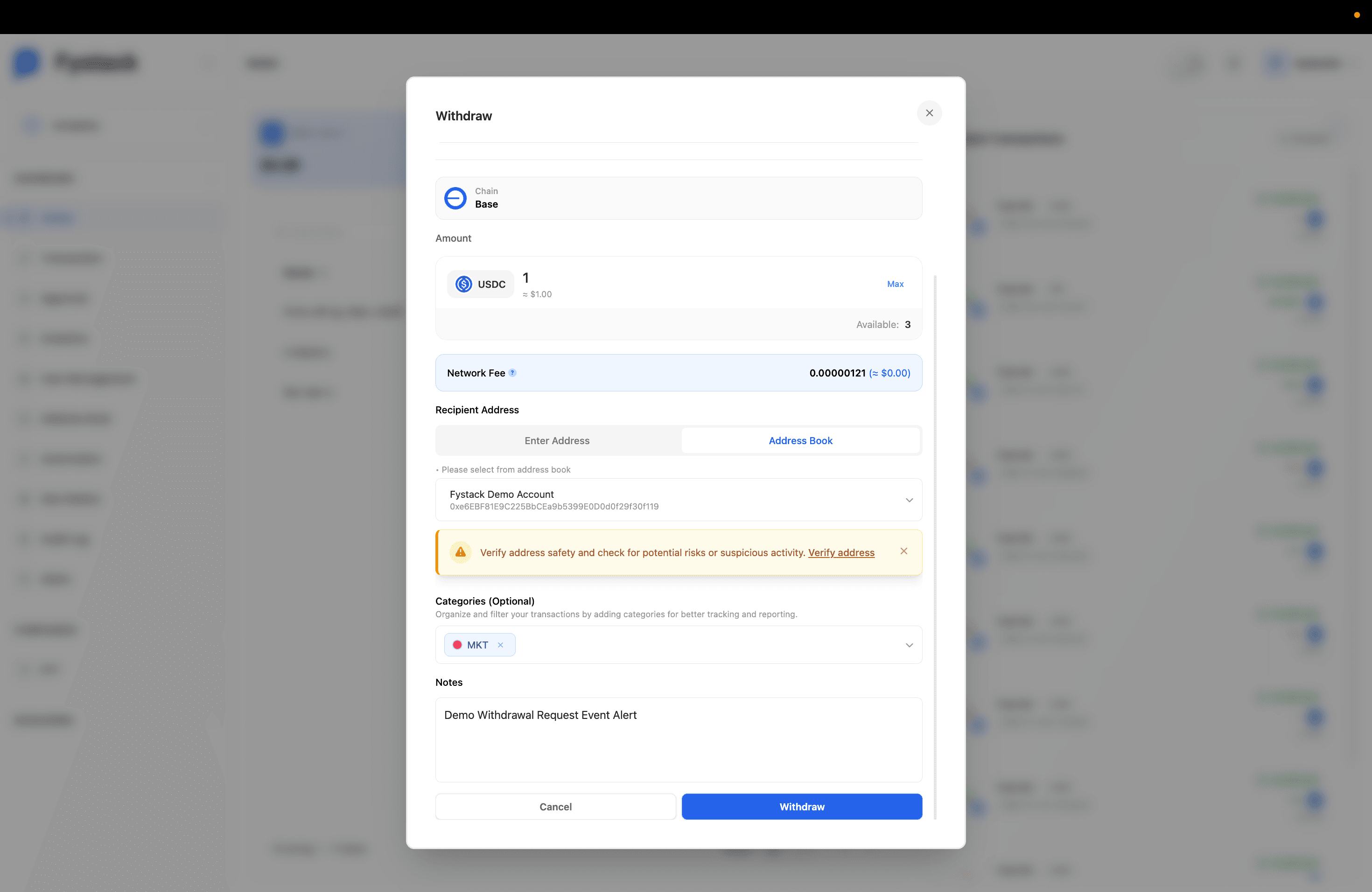 Withdraw modal with a test withdrawal to verify the alert notification