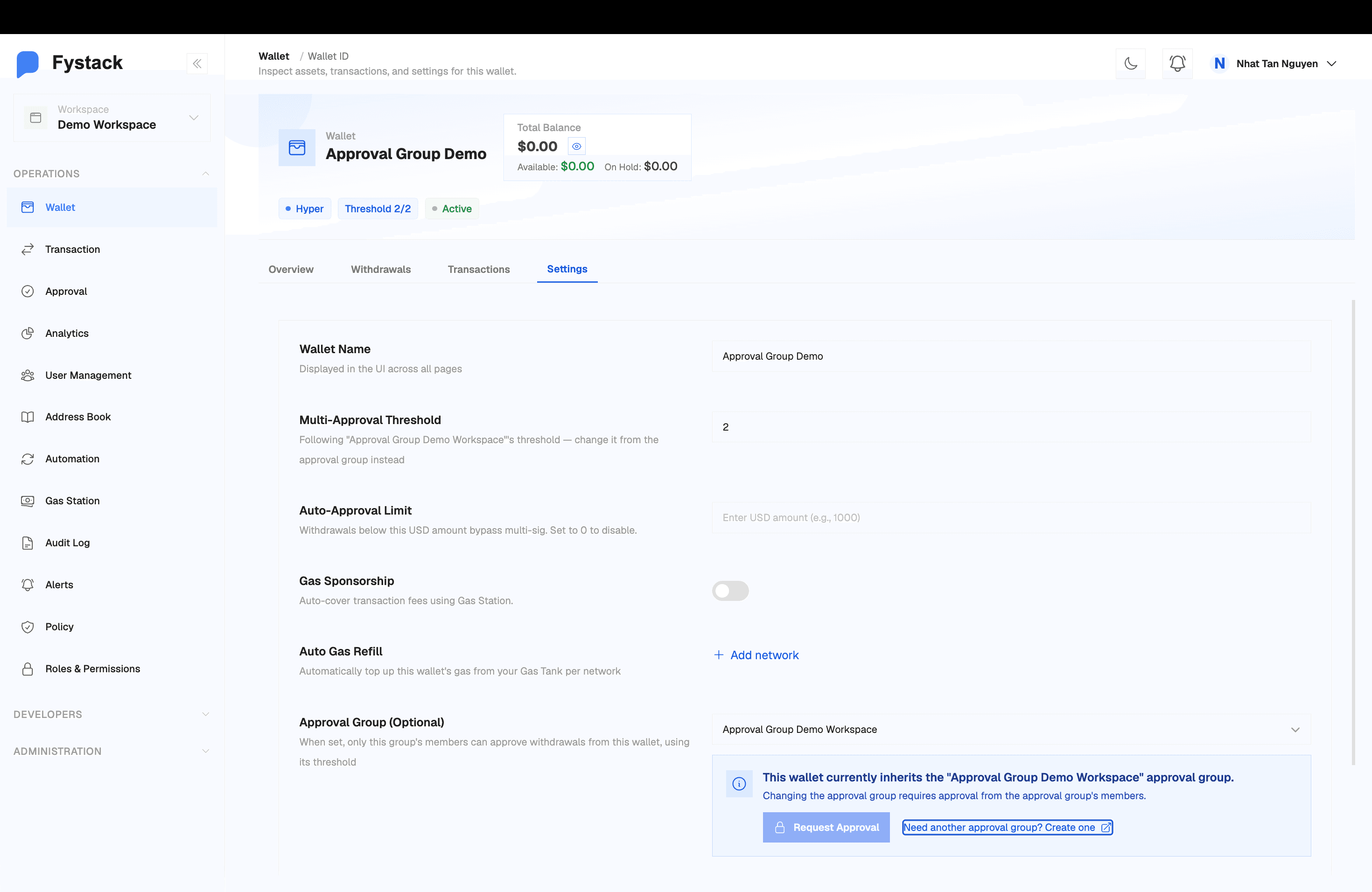 Wallet Settings tab showing Multi-Approval Threshold, Auto-Approval Limit, and the Approval Group field with its inheritance notice