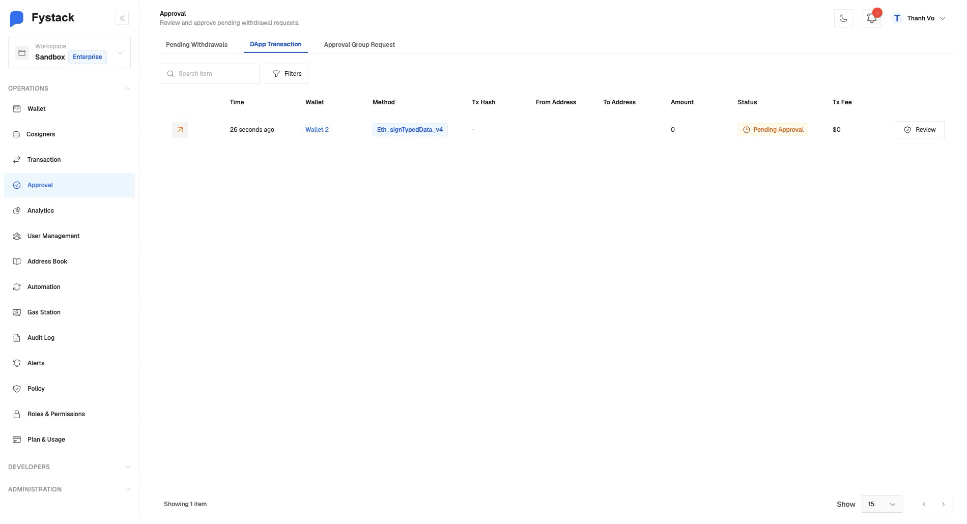 Approval page with the DApp Transaction tab selected and a typed data signing request marked Pending Approval