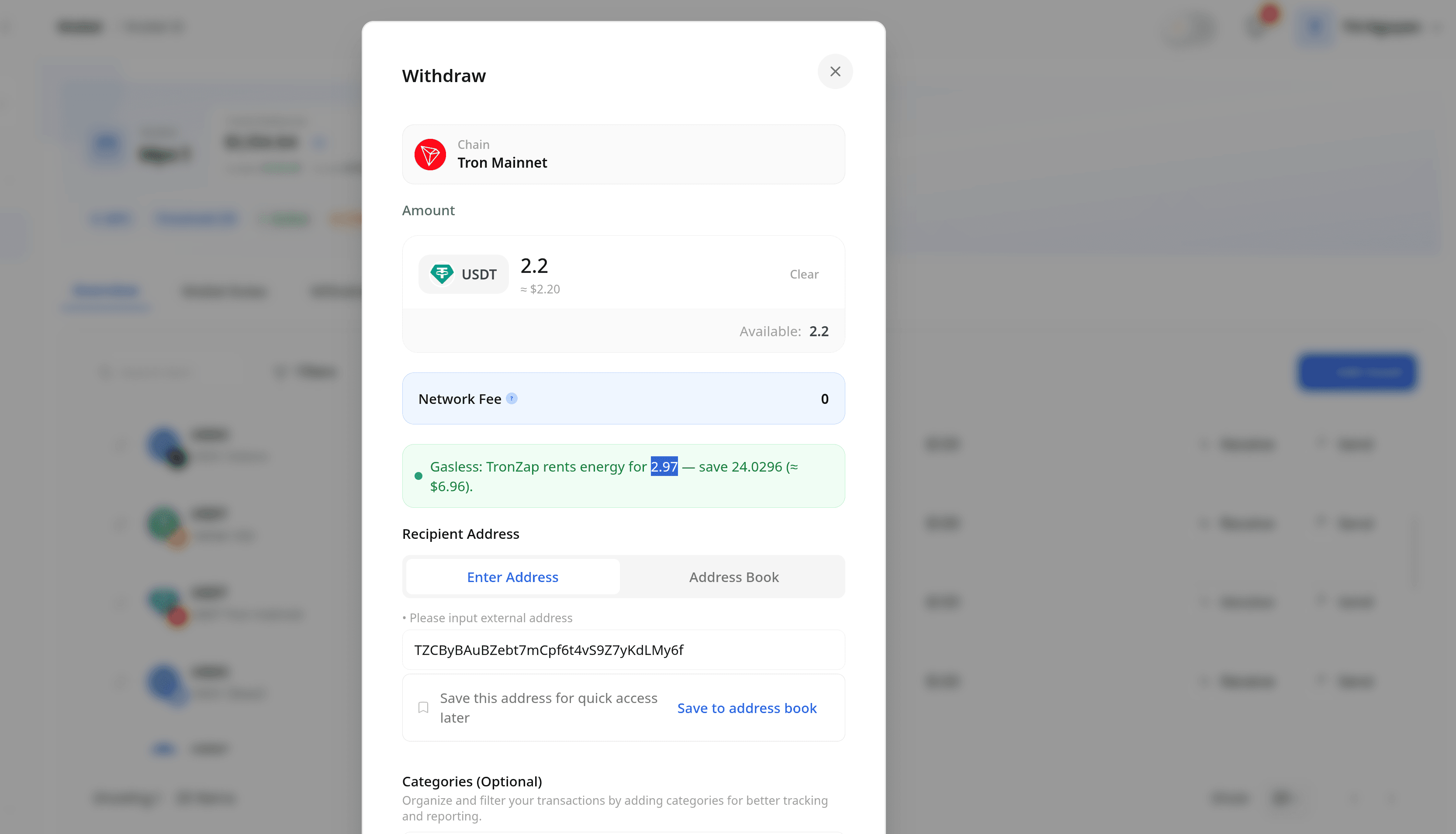 Withdrawal modal showing Network Fee 0 and TronZap gasless energy rental saving