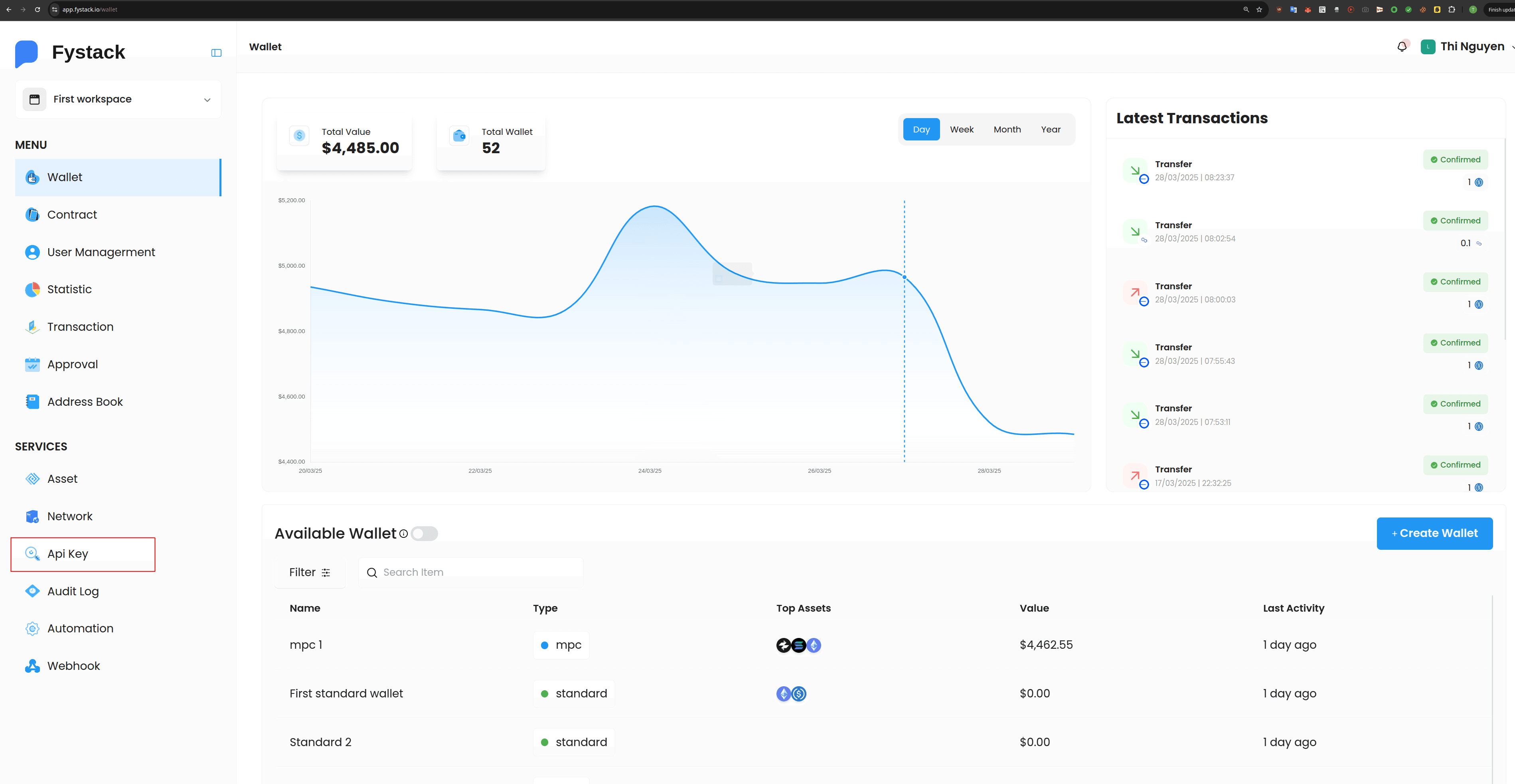 Fystack dashboard showing API key setup
